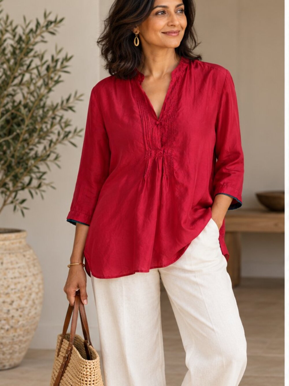 ANOKHI 100% Silk Raspberry Pink Pintuck Tunic Blouse XL PTP22